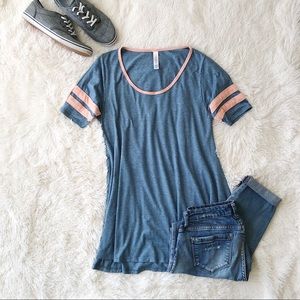 Lularoe perfect Tee, heathered blue, peach stripes oversized tunic split…